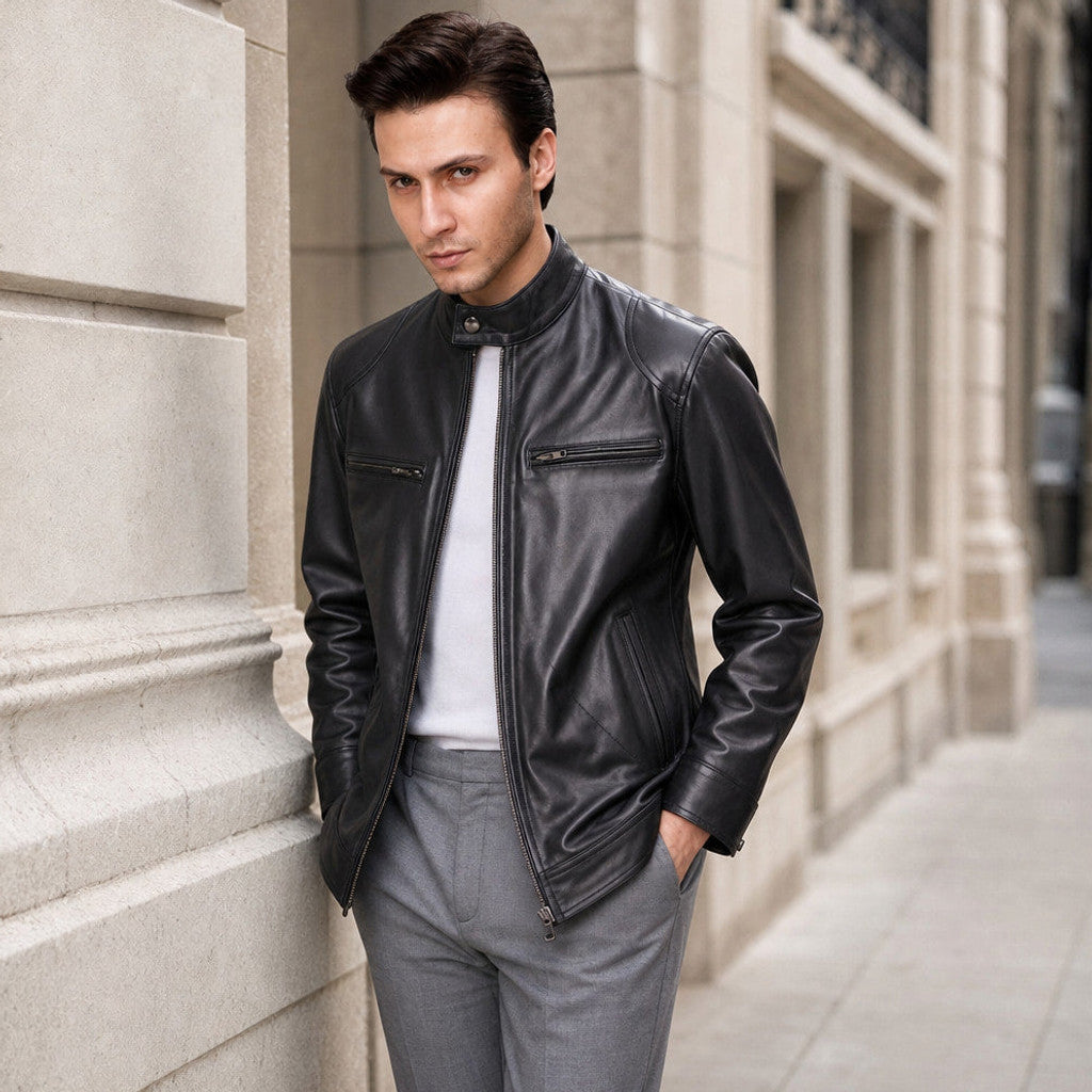 Colton | Cafe Racer Leather Jacket Black