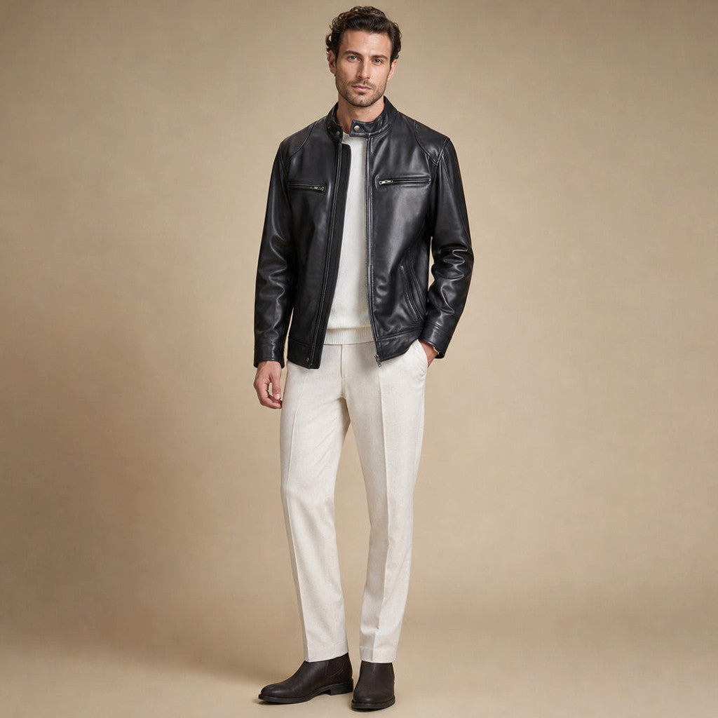 Colton | Cafe Racer Leather Jacket Black
