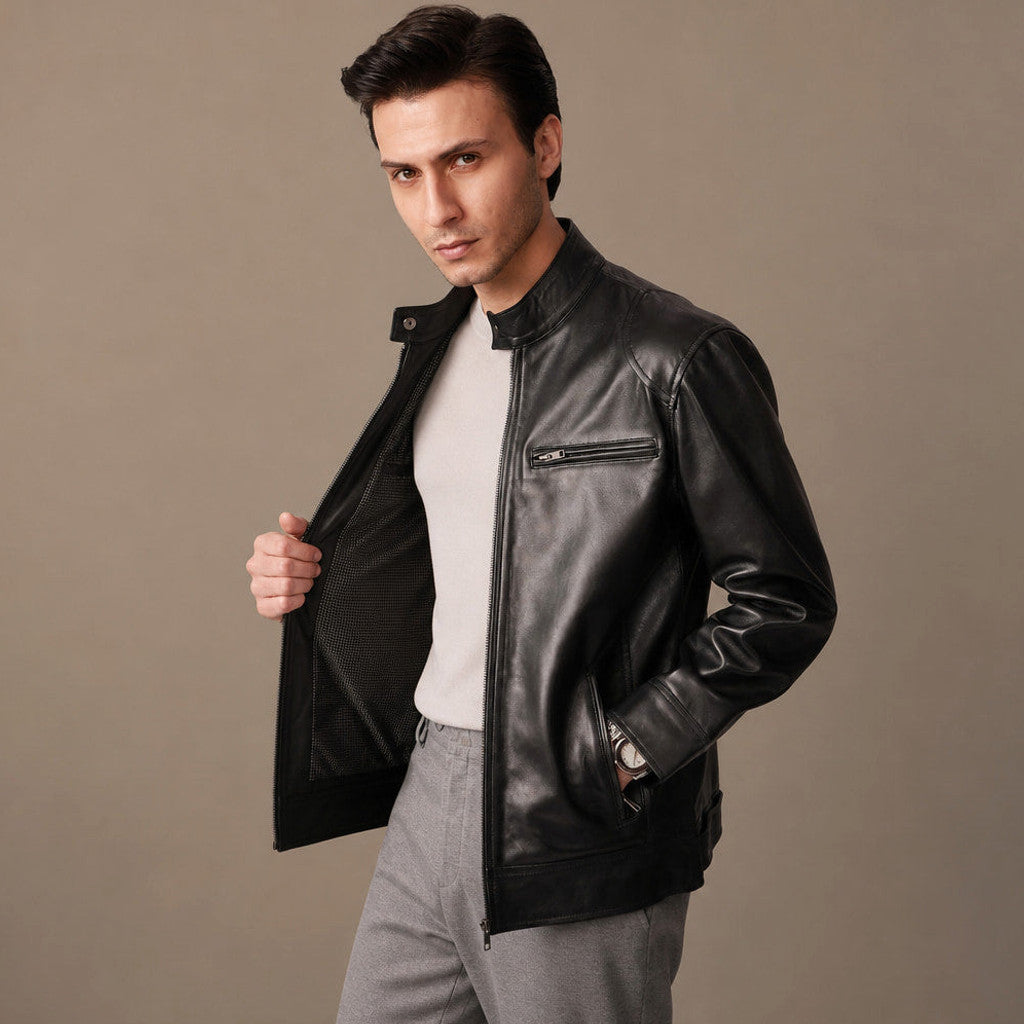 Colton | Cafe Racer Leather Jacket Black