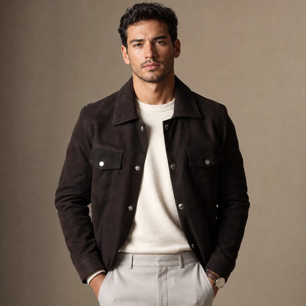 Man wearing a brown suede trucker jacket over a knit with dark denim
