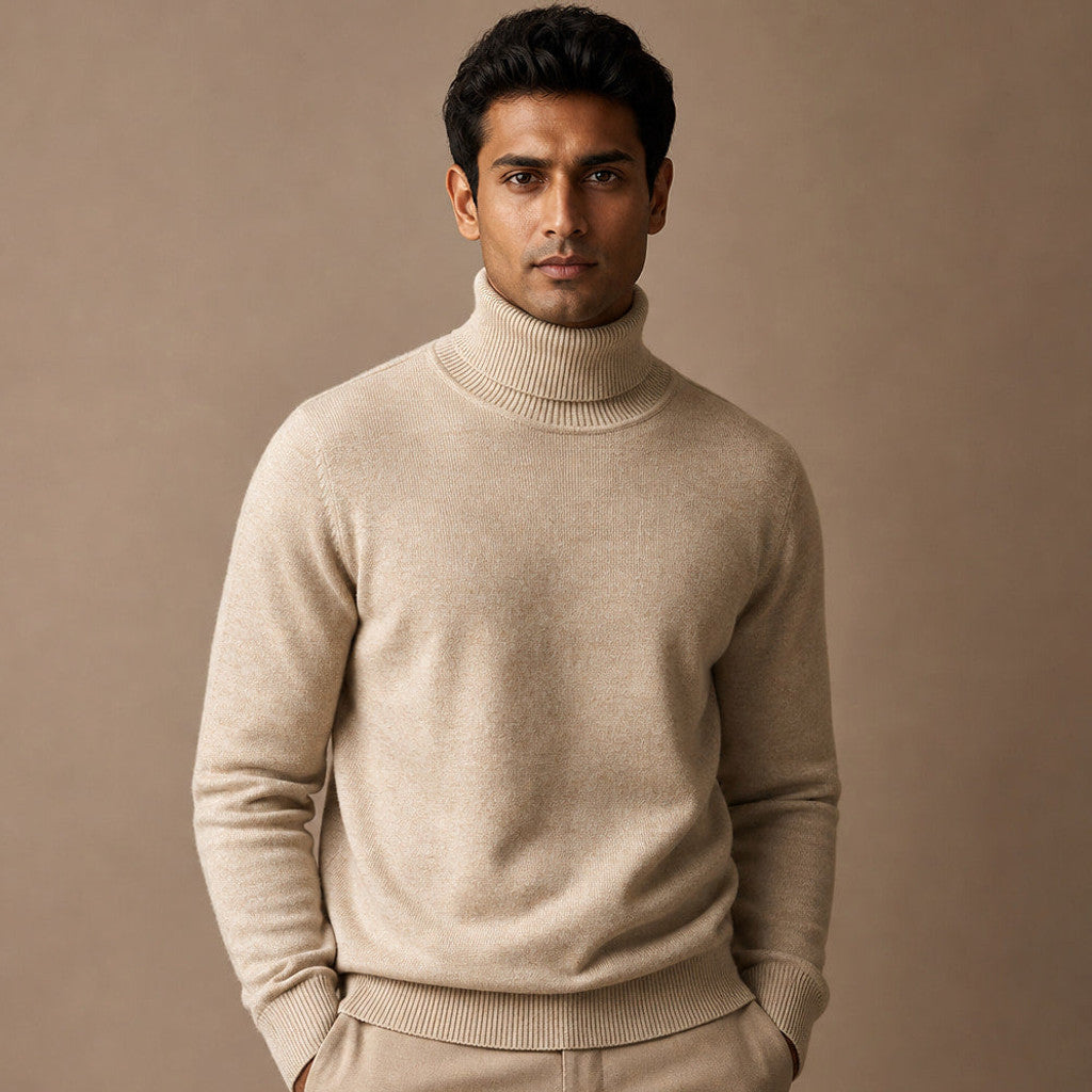 Khaki fine-gauge turtleneck sweater on a plain background