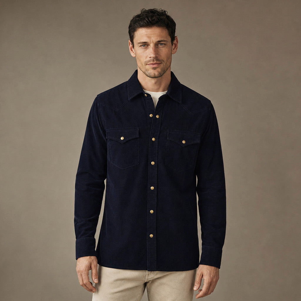Deep navy corduroy western shirt with brass snap front, shown flat