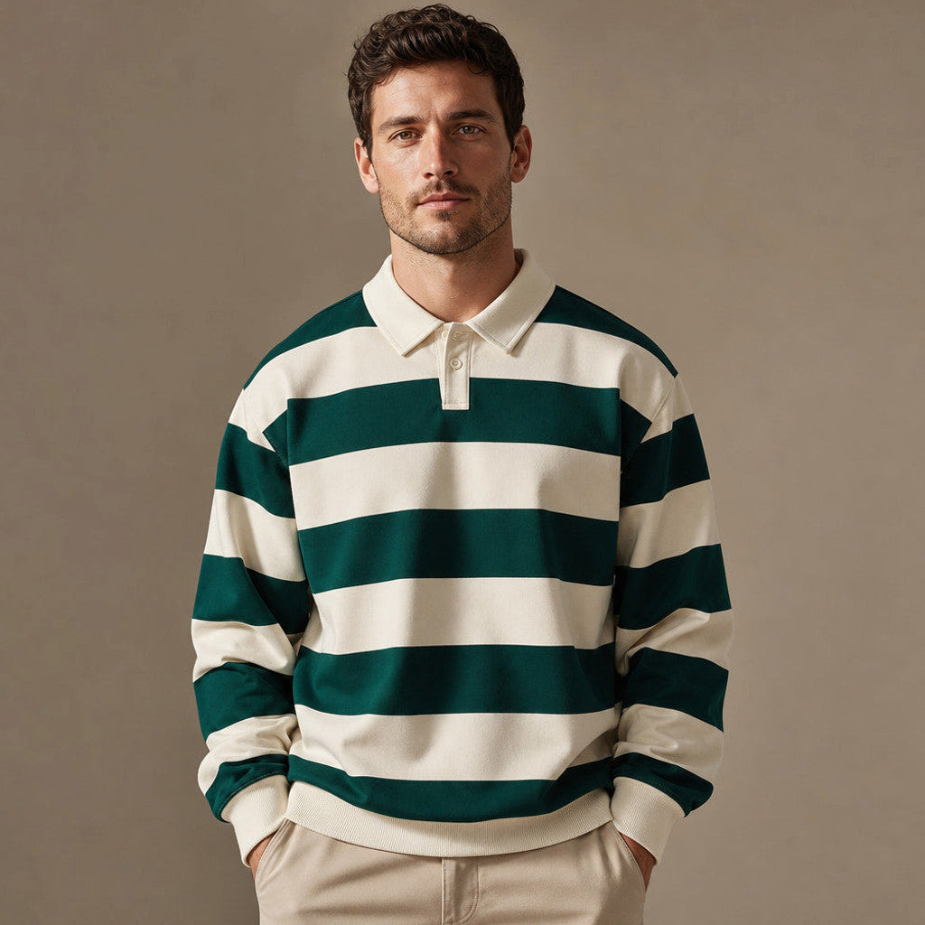 Forest Green striped rugby knit shirt with button placket, laid flat
