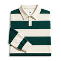Man wearing Forest Green striped rugby shirt with ribbed cuffs