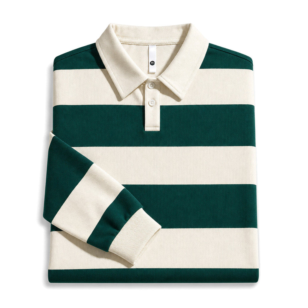 Man wearing Forest Green striped rugby shirt with ribbed cuffs