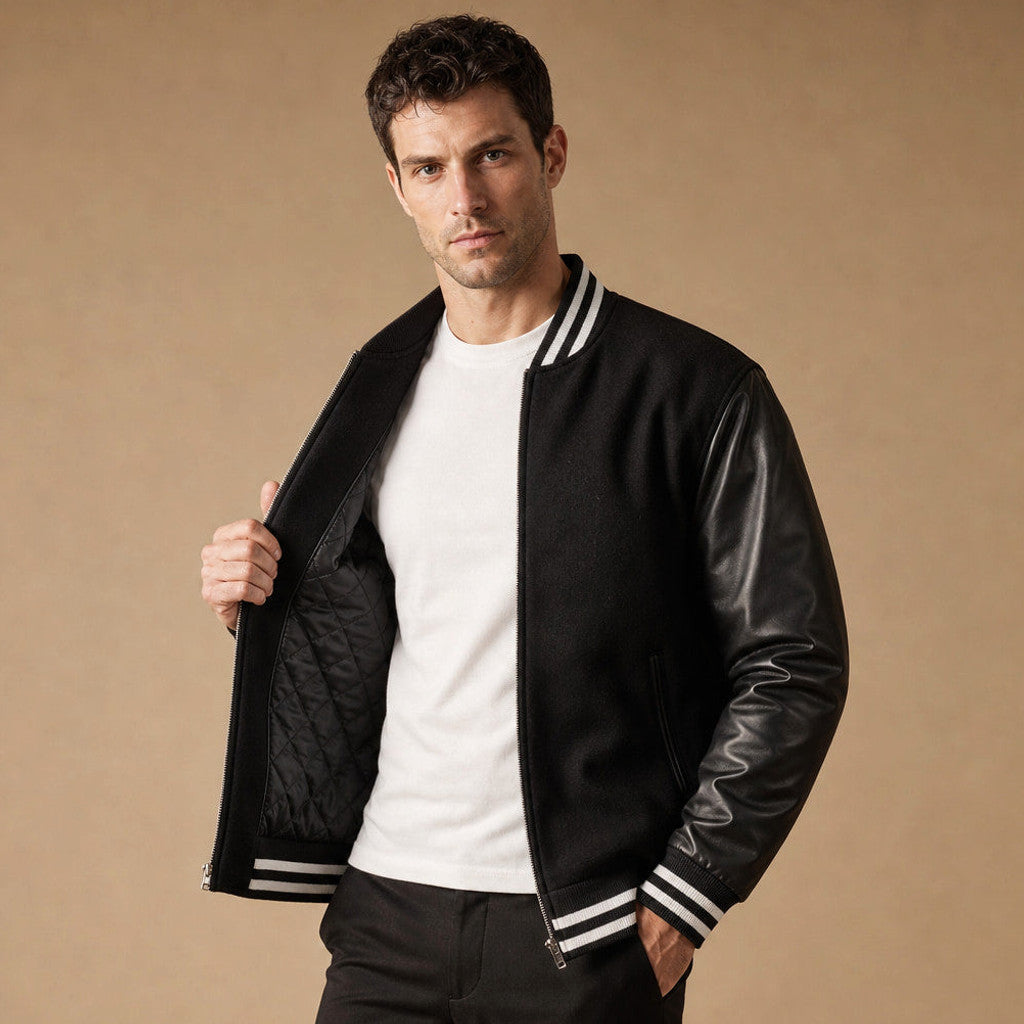 Man wearing black varsity jacket with leather sleeves over a hoodie