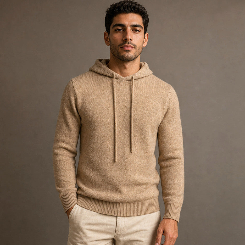 Khaki fine-knit drawstring hoodie shown flat