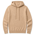 Man wearing khaki knitted hoodie with relaxed shoulder