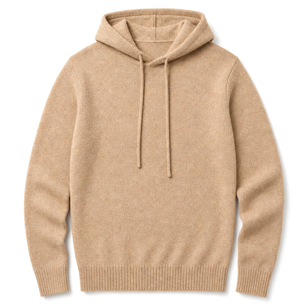Man wearing khaki knitted hoodie with relaxed shoulder