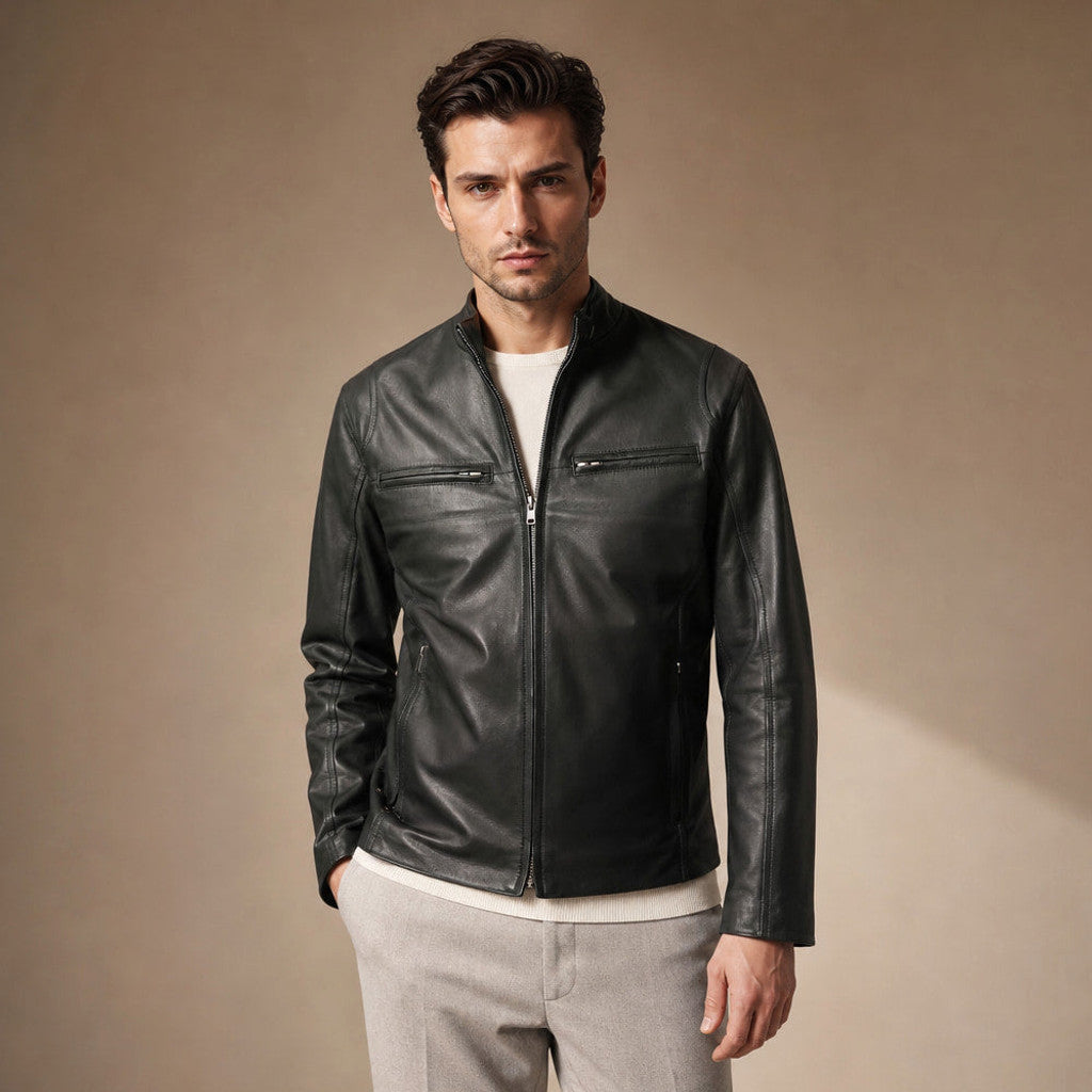 Black sheepskin leather cafe racer jacket with banded collar and zipped cuffs