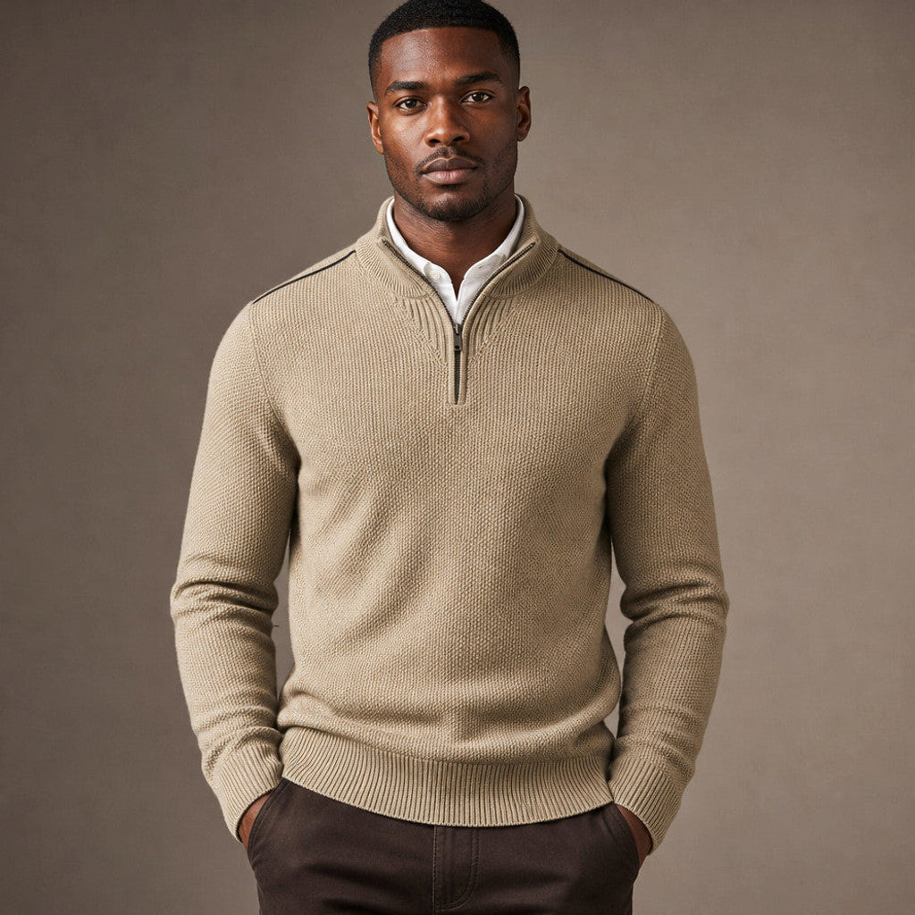Light khaki waffle knit quarter zip jumper with contrast shoulder piping