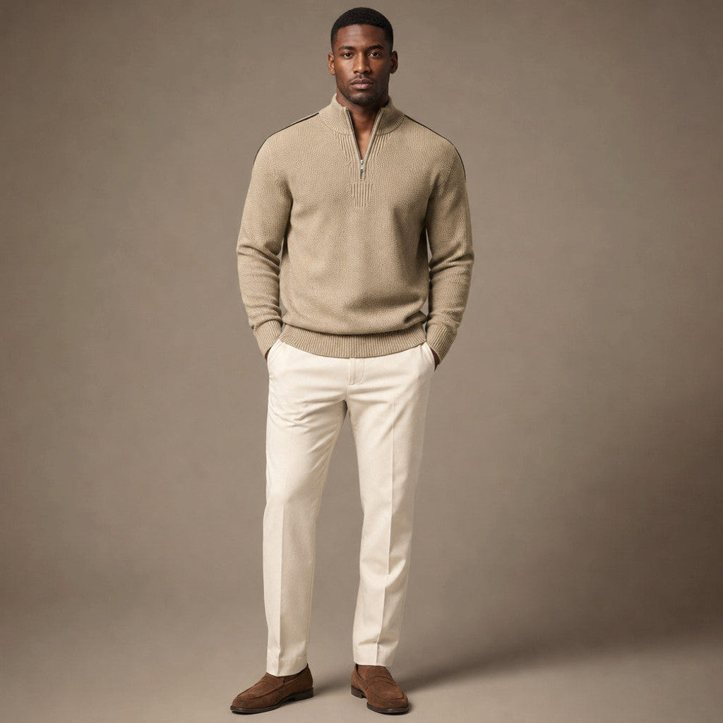 Derrick | Quarter Zip Jumper Waffle Knit Contrast Piping