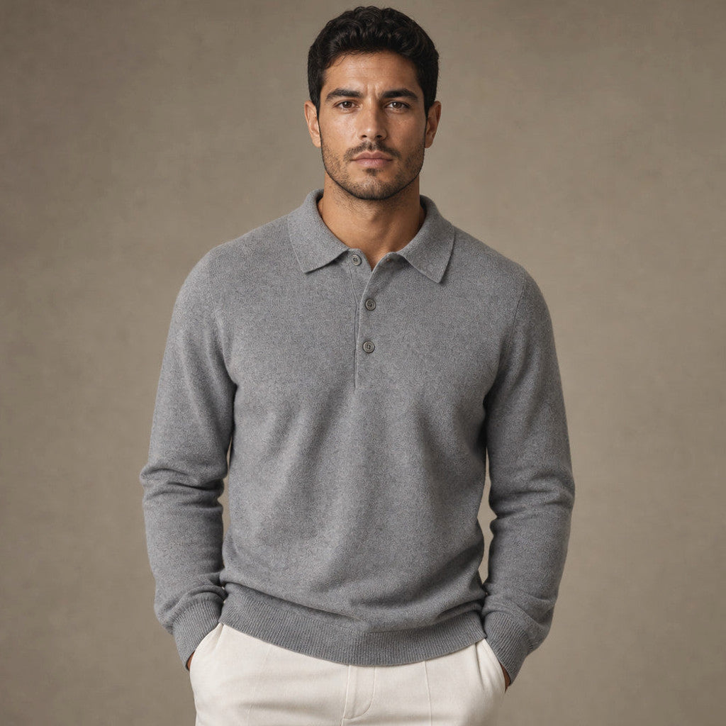 Gray ribbed knit quarter zip polo shirt with turn-down collar