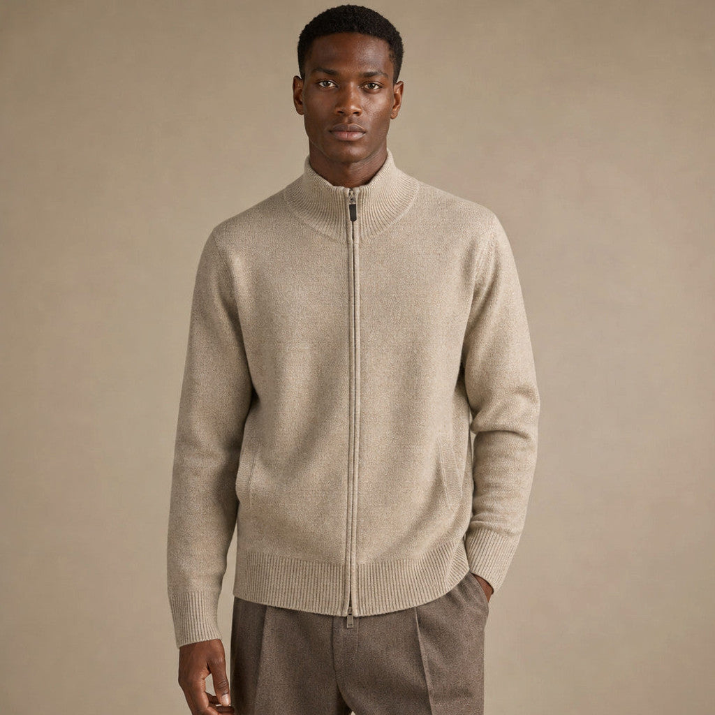 Camel knit zip jacket with high ribbed funnel collar and leather zip pulls