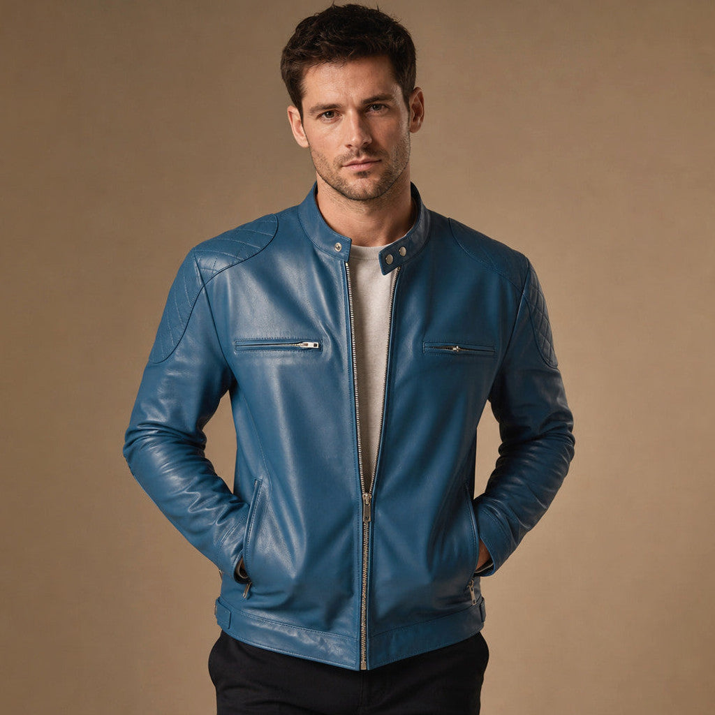 Teal blue leather cafe racer jacket with quilted shoulders and stand collar