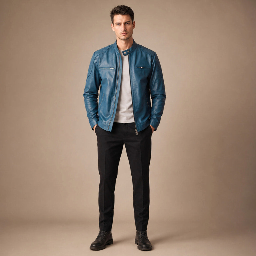 Man wearing teal blue quilted cafe racer leather jacket with dark denim