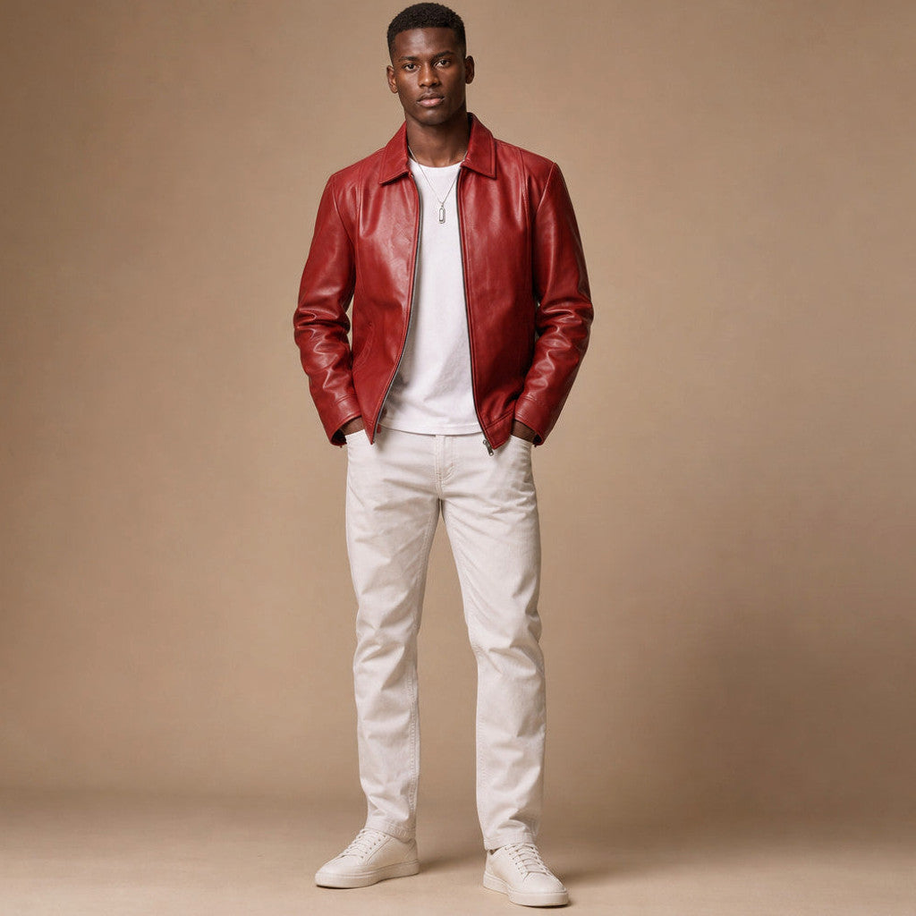 Man wearing a brick red leather biker jacket with dark jeans