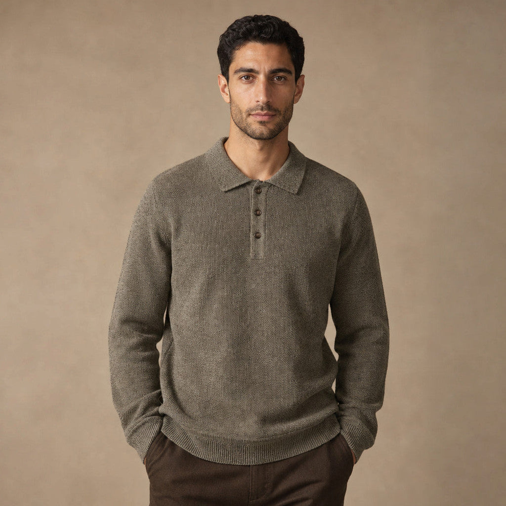 Olive marled knit long sleeve polo shirt with three-button placket