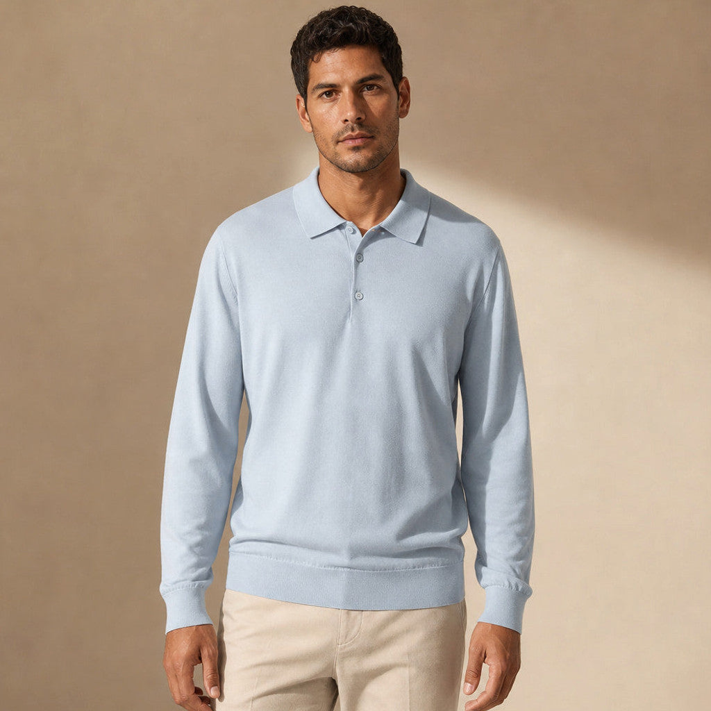 Powder blue fine wool long sleeve polo with knit collar