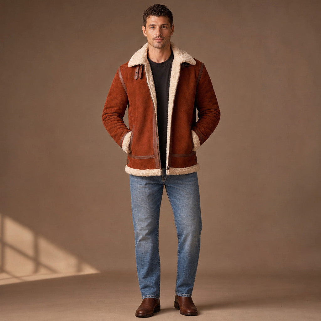 Man wearing brown shearling-lined suede aviator jacket with collar buckled