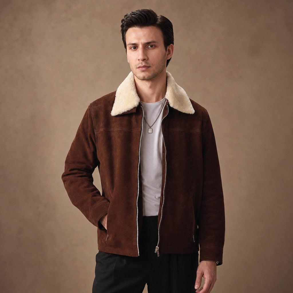 Dark brown distressed suede jacket with shearling collar, front view