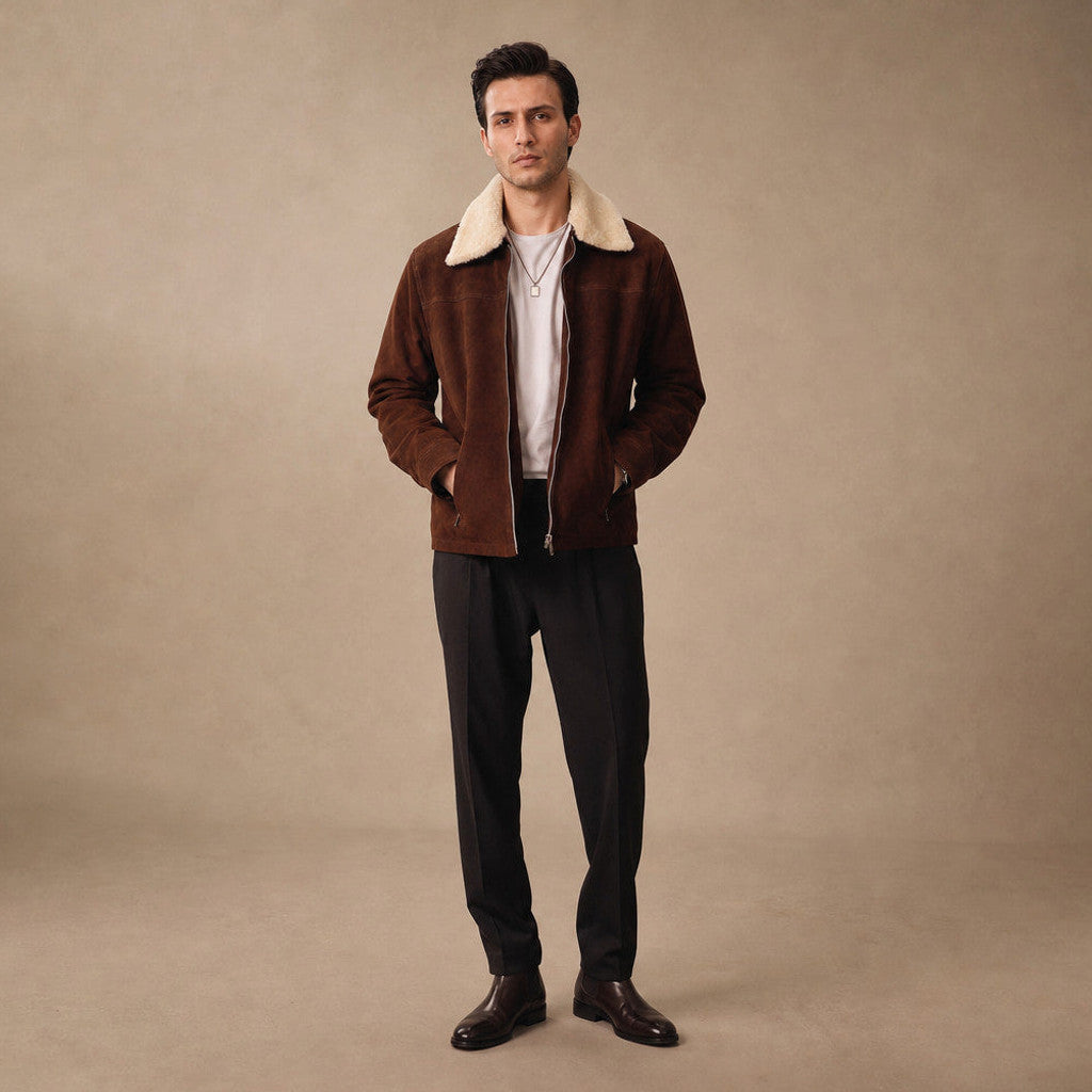 Man wearing dark brown suede jacket with shearling collar over a knit