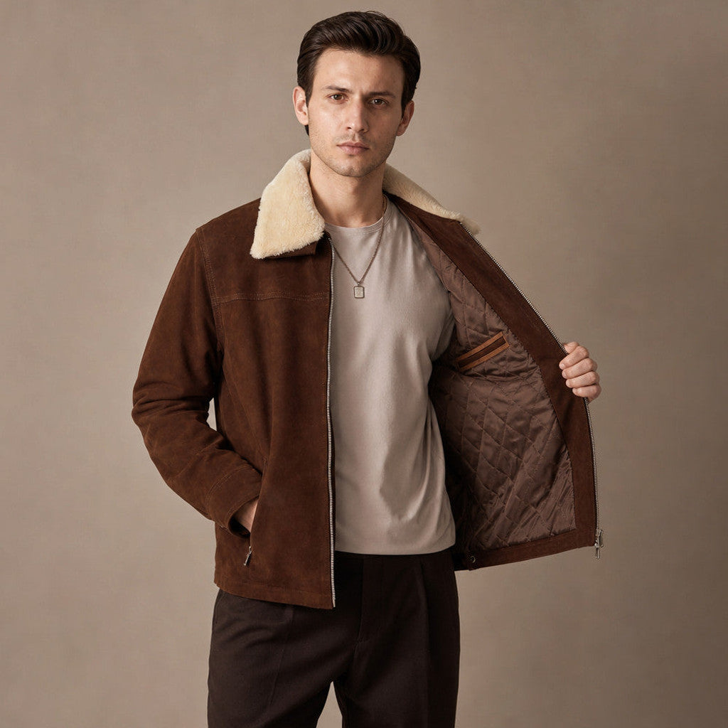 Eldric | Suede Leather Jacket Shearling Collar – Product Photo