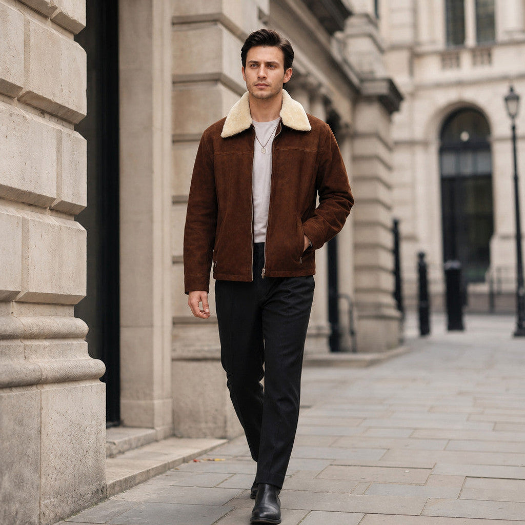 Eldric | Suede Leather Jacket Shearling Collar – Product Photo