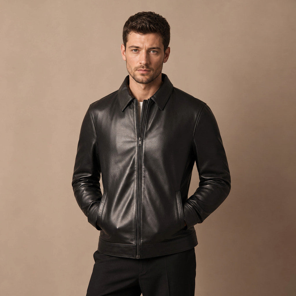 Black sheepskin Harrington jacket with shirt collar and ribbed cuffs