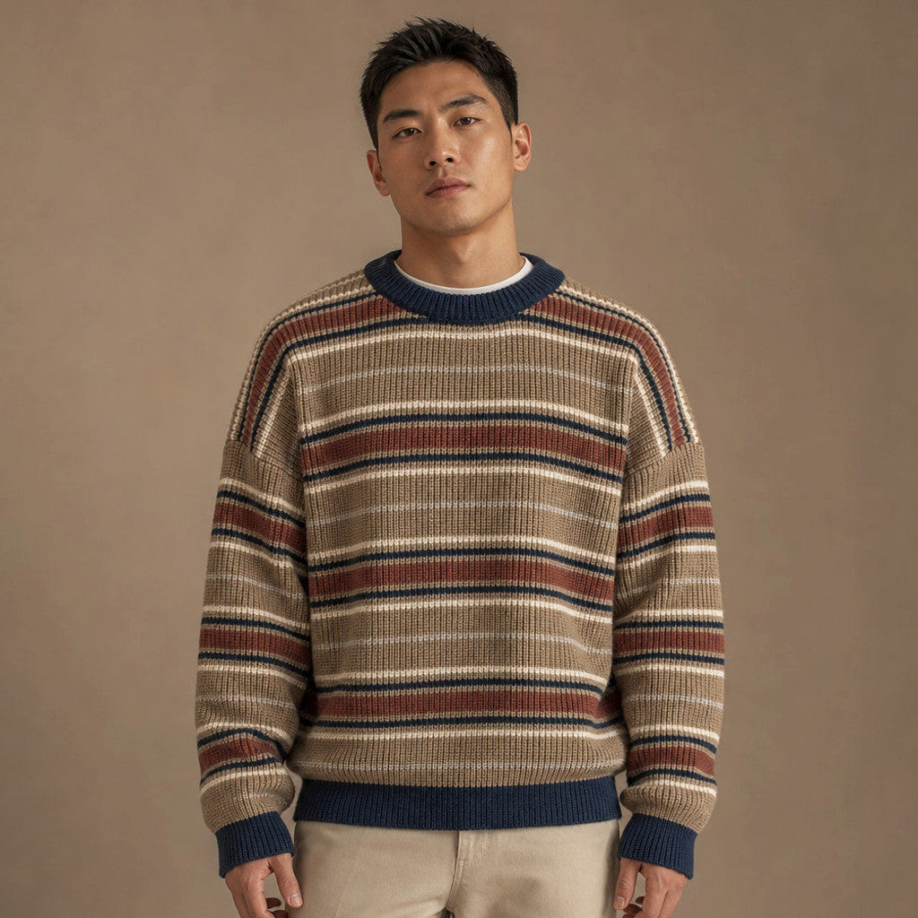 Khaki ribbed crewneck jumper with drop shoulder seams, shown flat