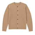 Man wearing camel seed-stitch wool cardigan over a collared shirt