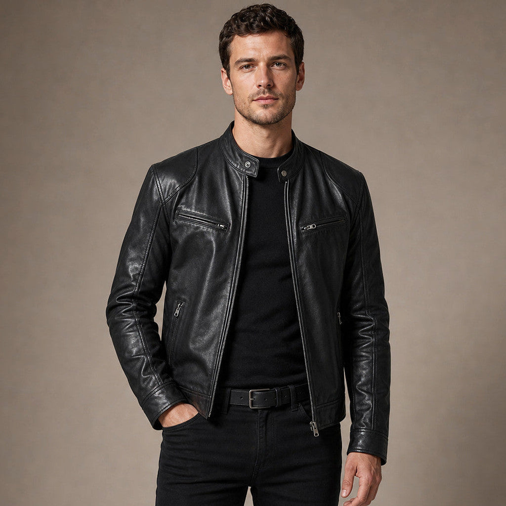 Black slim fit leather jacket with stand collar and front zip