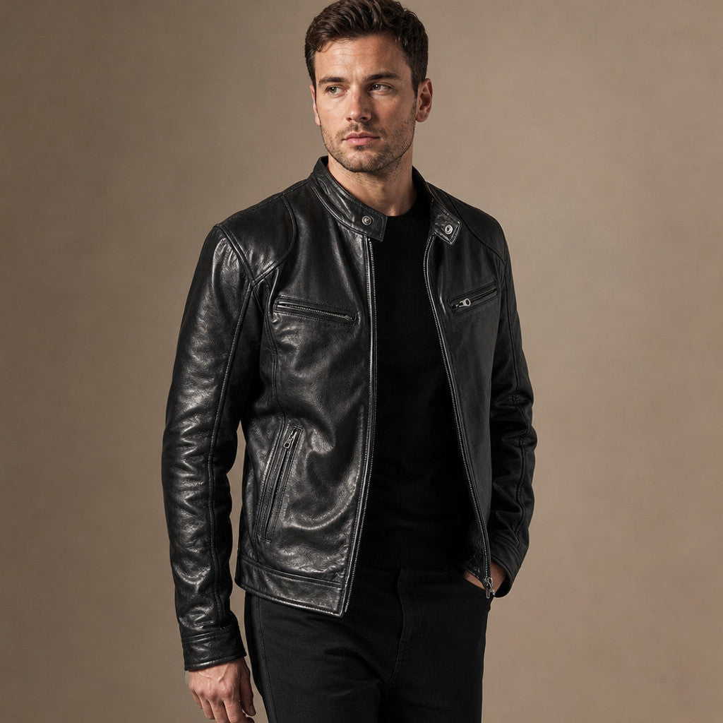 Eston | Leather Jacket Slim Fit Stand Collar