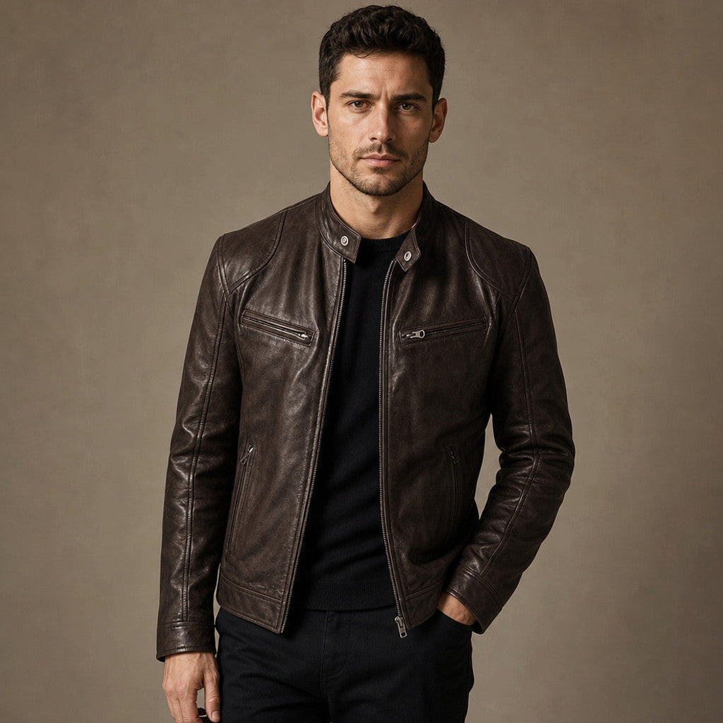 Eston | Leather Jacket Slim Fit Stand Collar