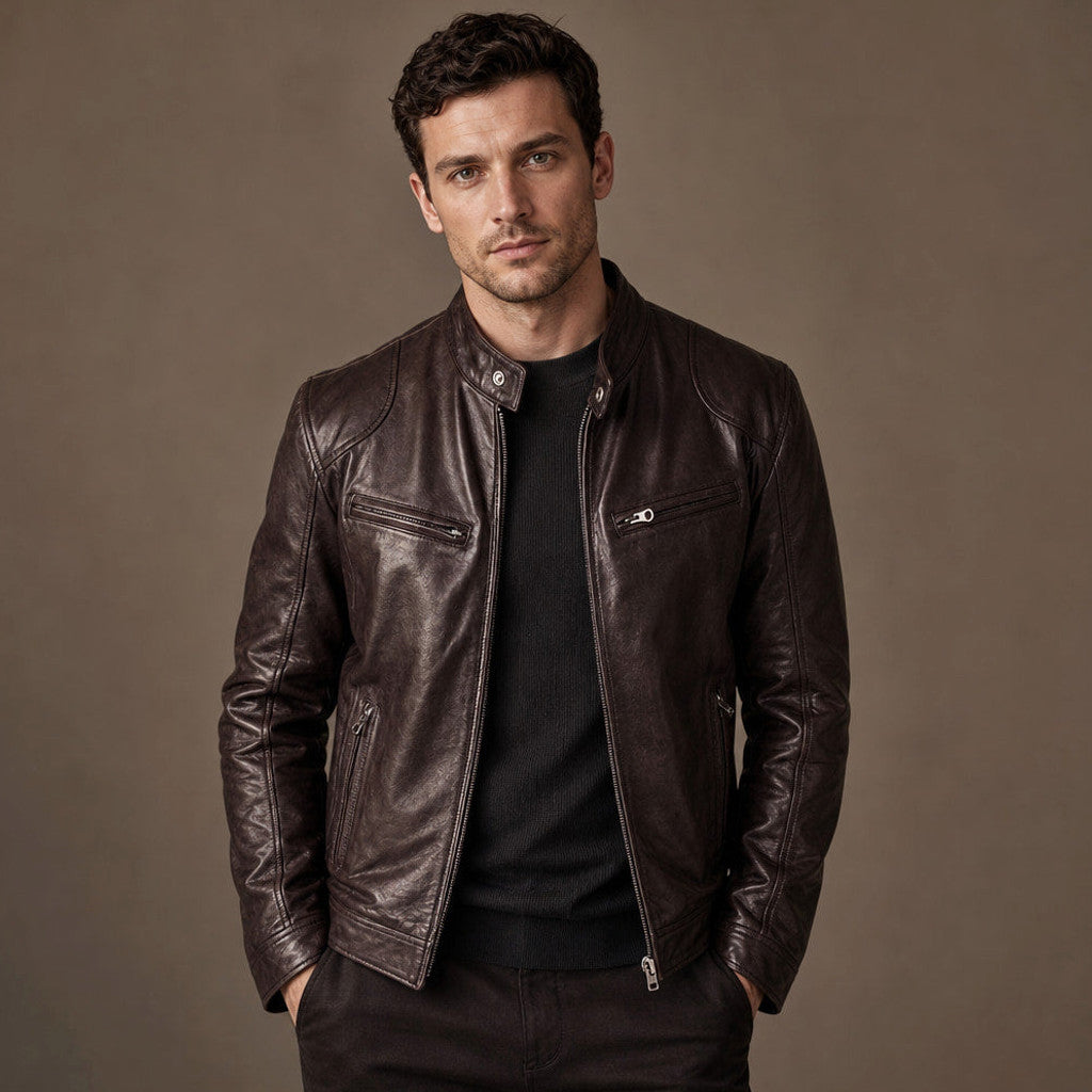 Eston | Leather Jacket Slim Fit Stand Collar