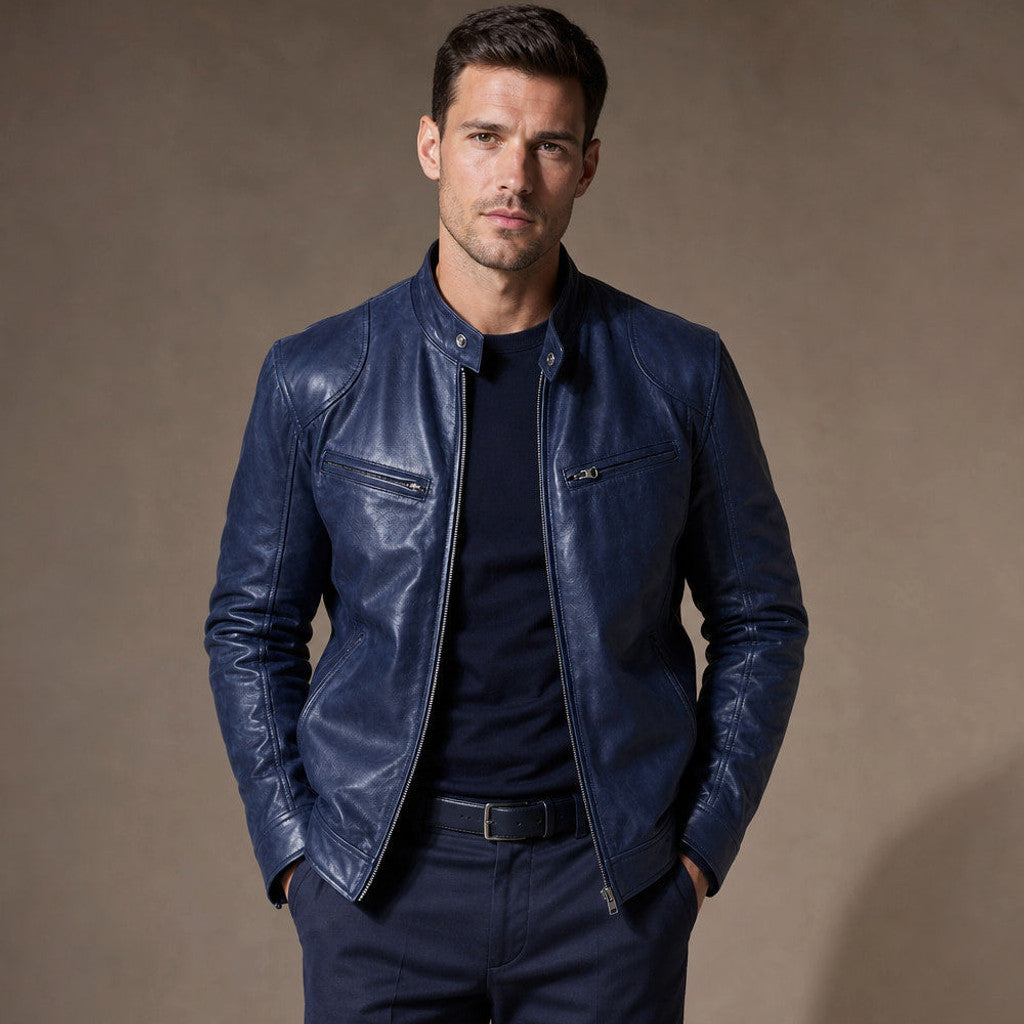 Eston | Leather Jacket Slim Fit Stand Collar