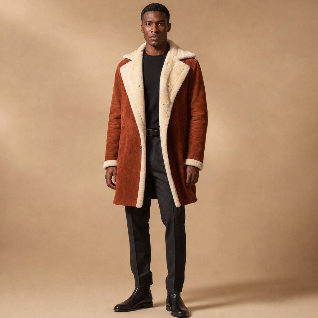 Brown suede shearling-lined coat with buckle strap collar, front view