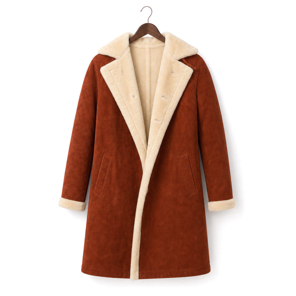 Man wearing brown shearling suede coat with collar buckled closed