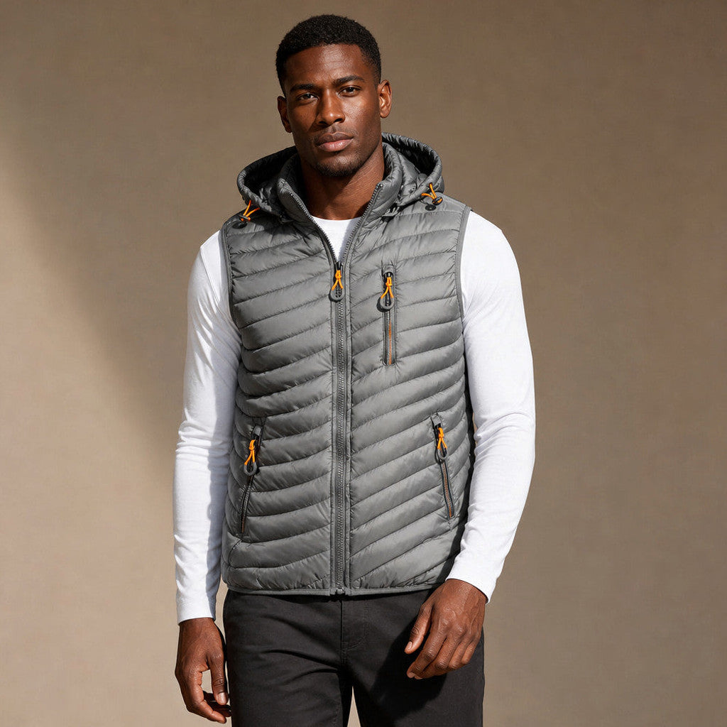 Silver quilted windproof puffer vest with full-length zip