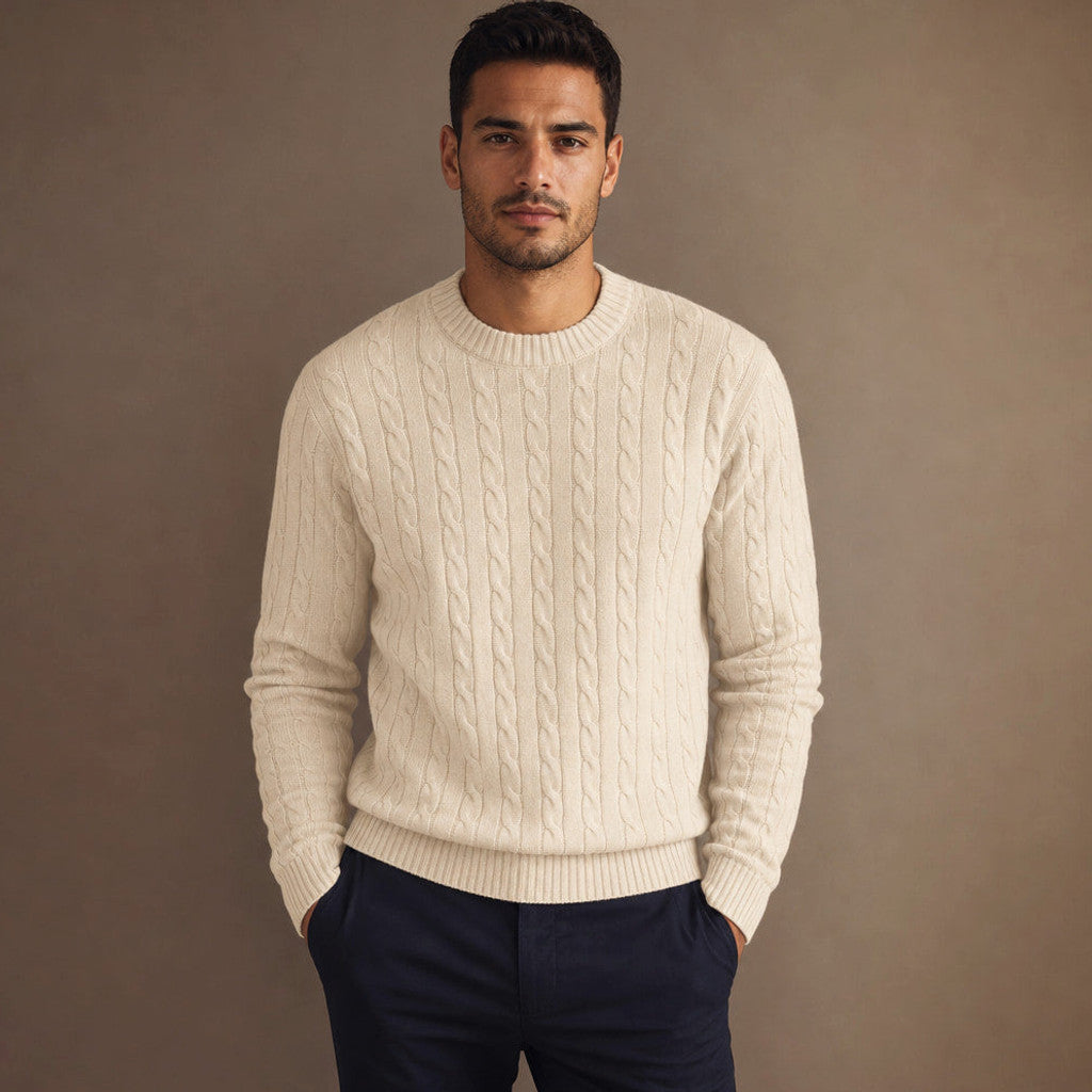 Champagne cable knit crewneck jumper in 450gsm wool blend, front view