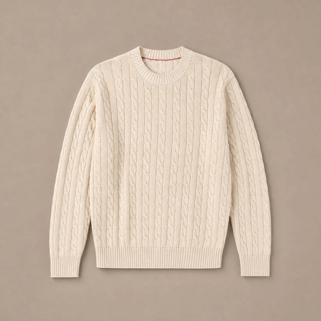 Man wearing champagne cable knit crewneck over a collared shirt