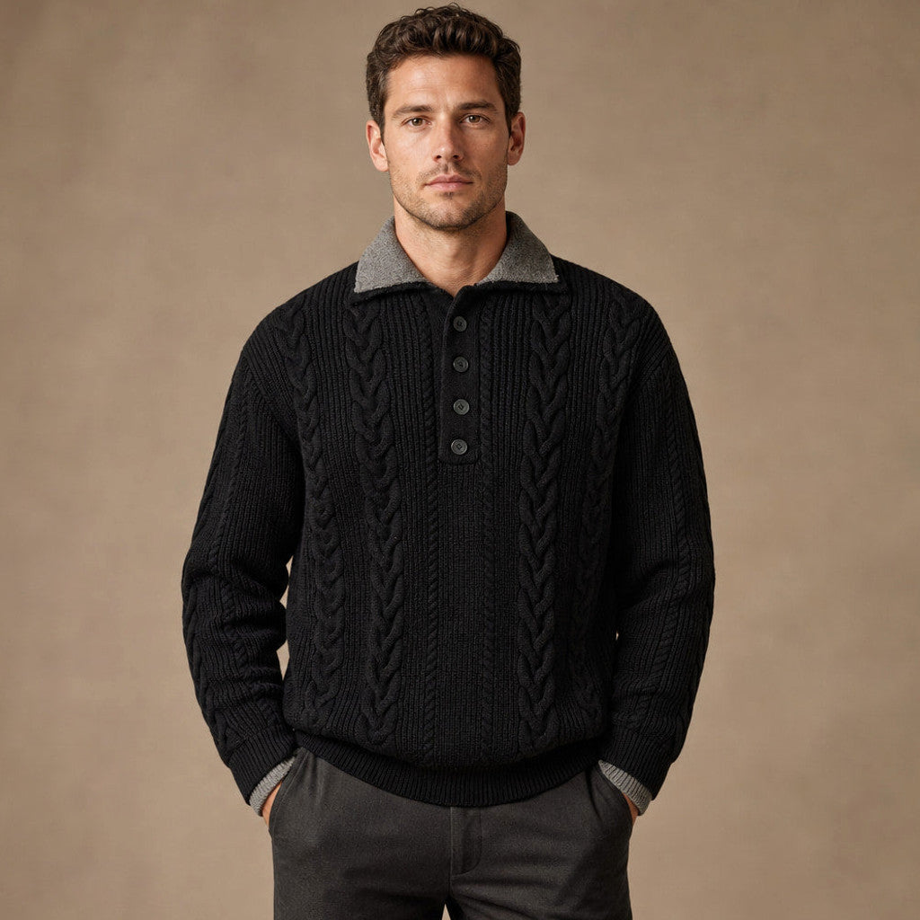 Black cable knit jumper with mock shirt collar and button placket