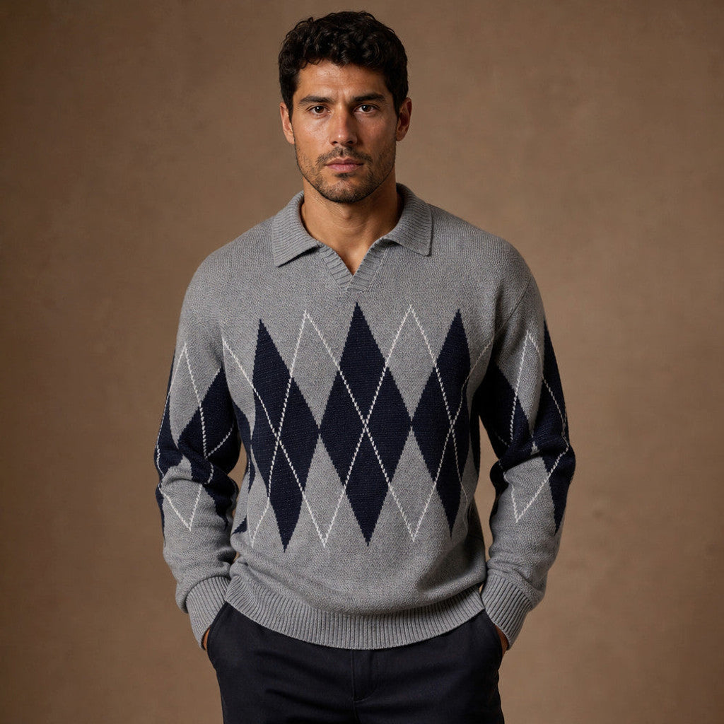 Grey argyle knit jumper with structured collar and ribbed cuffs