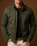 Soft-touch structured zip up jacket shown flat with full-length front zip