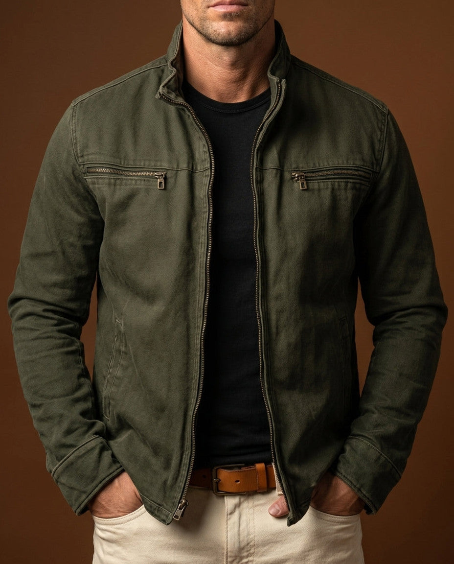 Soft-touch structured zip up jacket shown flat with full-length front zip