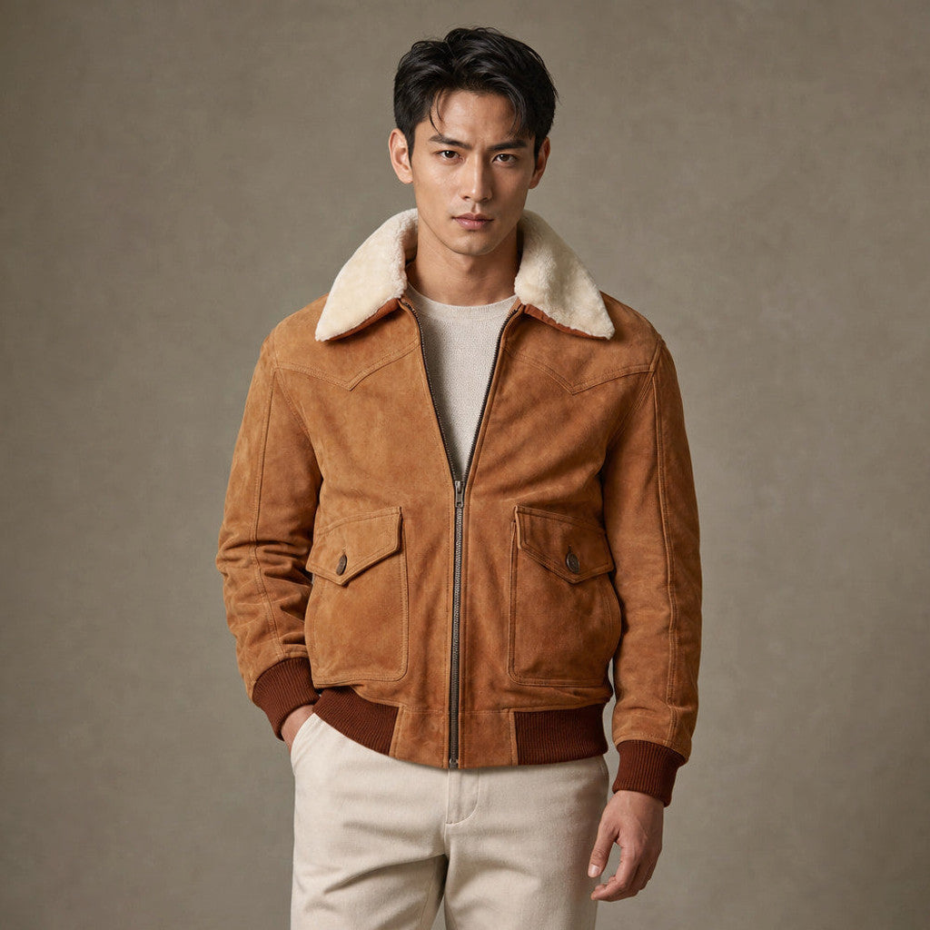 Camel brown suede bomber jacket with shearling shirt collar and ribbed cuffs