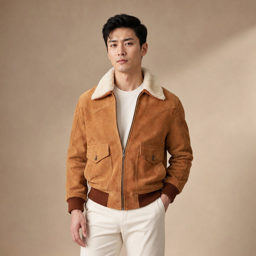 Man wearing a camel suede bomber jacket with the shearling collar turned up