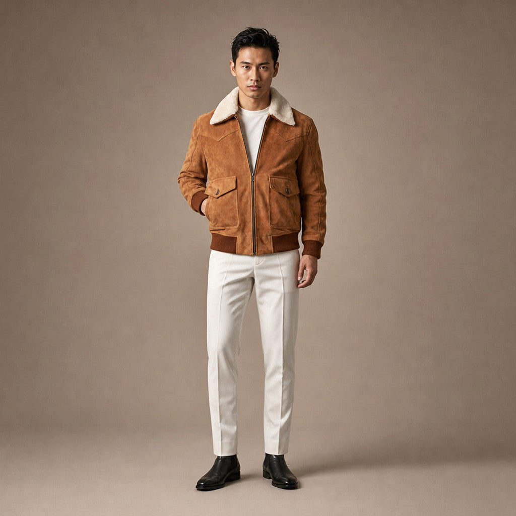 Fowler | Suede Bomber Jacket Shearling Collar Brown