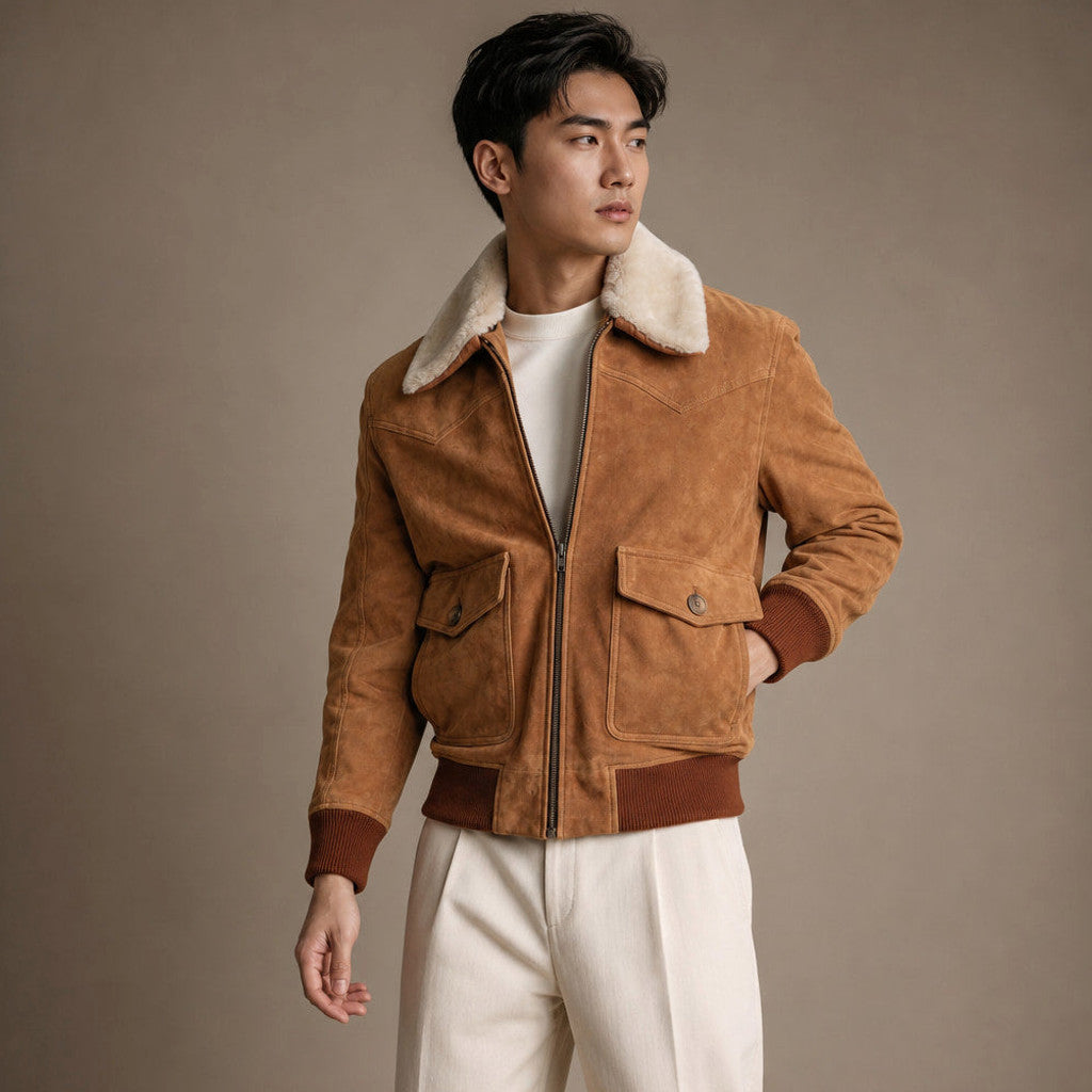 Fowler | Suede Bomber Jacket Shearling Collar Brown