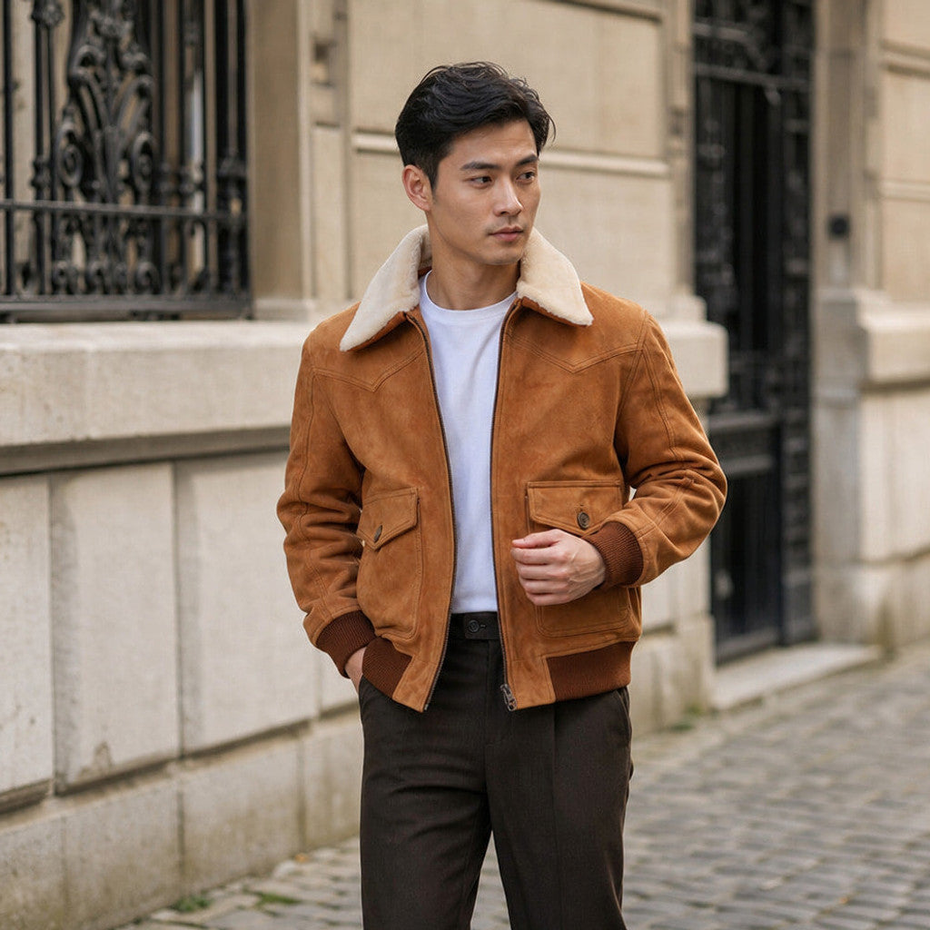 Fowler | Suede Bomber Jacket Shearling Collar Brown